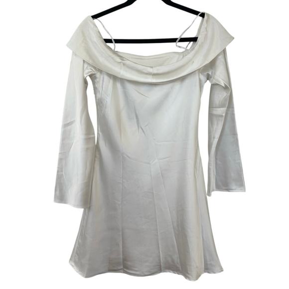 Lulu's Elegant White Satin Off-Shoulder Dress - Picture 3 of 8